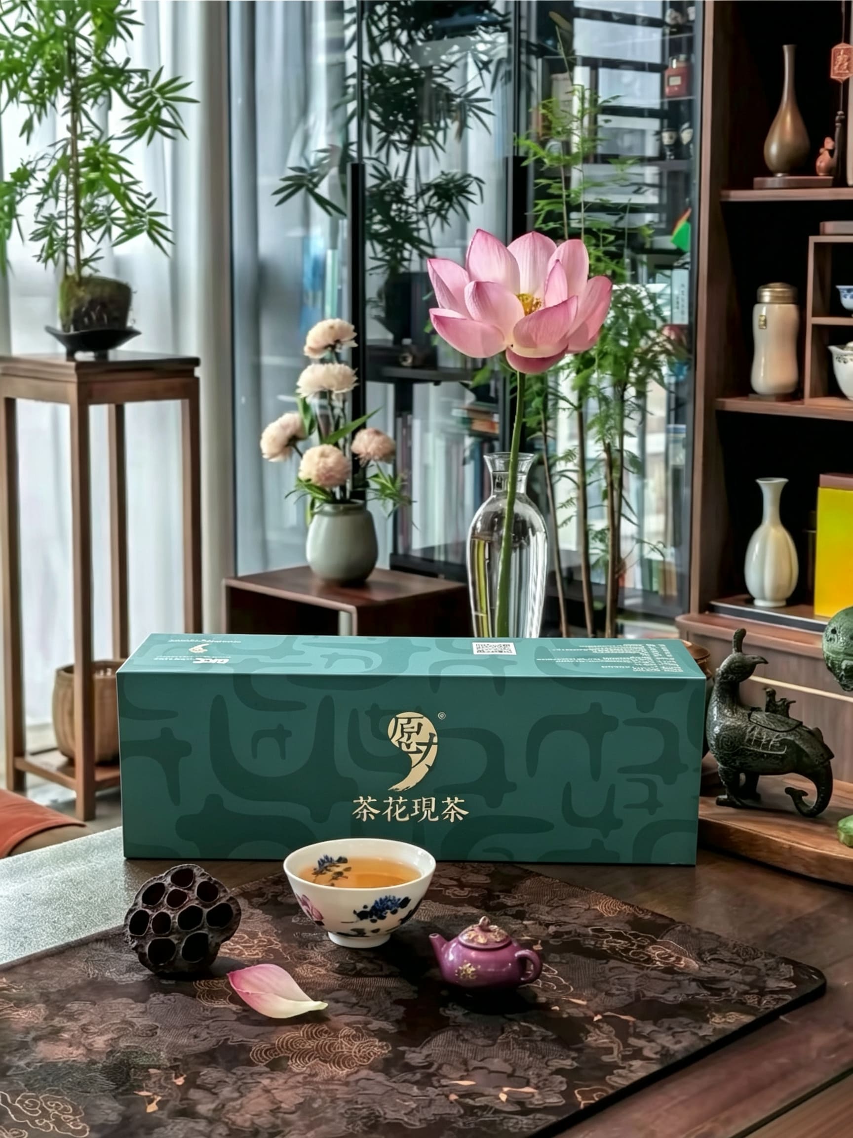 中式茶桌上的茶花现包装与一朵粉色荷花，意境优雅